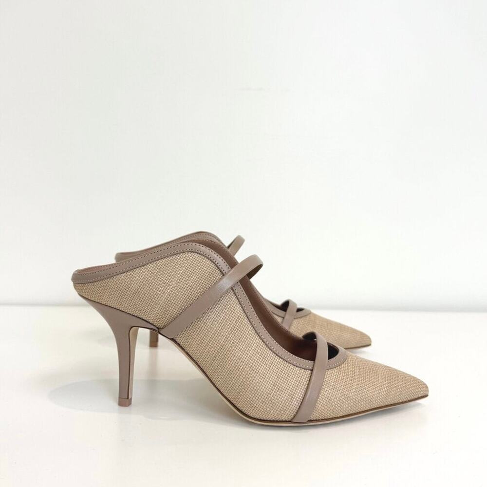 MALONE SOULIERS Maureen Raffia Mules 37 NEW Beige Leather Strap Pointed Toe Shoe